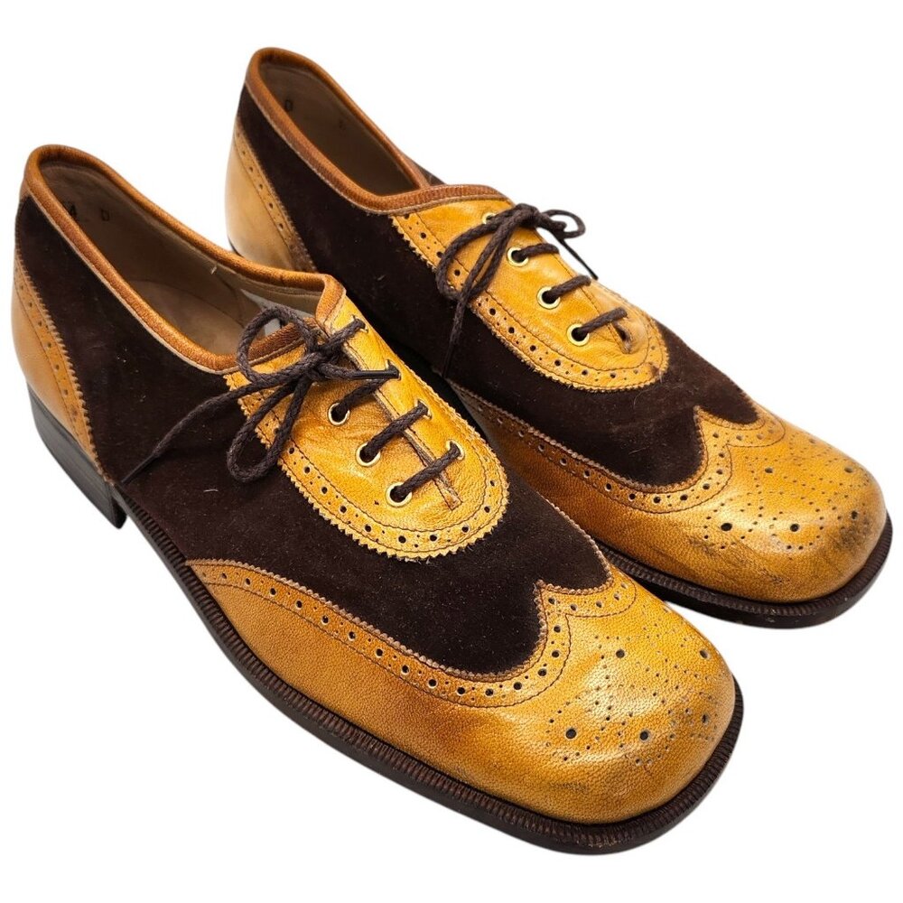 Vintage 60s Italian Wingtip Brogue Oxford 8 Square Toe Two Tone Rockabilly Dandy